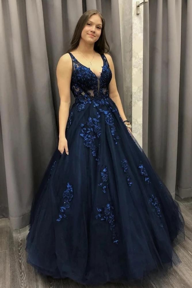 Ball Gown V-Neck Dark Blue Long Prom Dress, Lace Applique Tulle Formal Dress