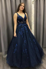 Ball Gown V-Neck Dark Blue Long Prom Dress, Lace Applique Tulle Formal Dress