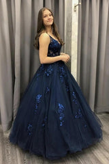 Ball Gown V-Neck Dark Blue Long Prom Dress, Lace Applique Tulle Formal Dress