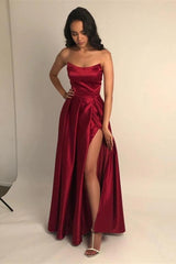 Burgundy Strapless Long Prom Dresses, Simple Formal Evening Dresses