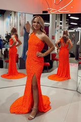 One-Shoulder Orange Sequins Long Prom Dresses, Mermaid Evening Dress with Slit