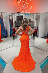 One-Shoulder Orange Sequins Long Prom Dresses, Mermaid Evening Dress with Slit