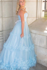 Elegant A-Line Light Blue Long Prom Dresses, Ruffles Tulle Formal Evening Dresses