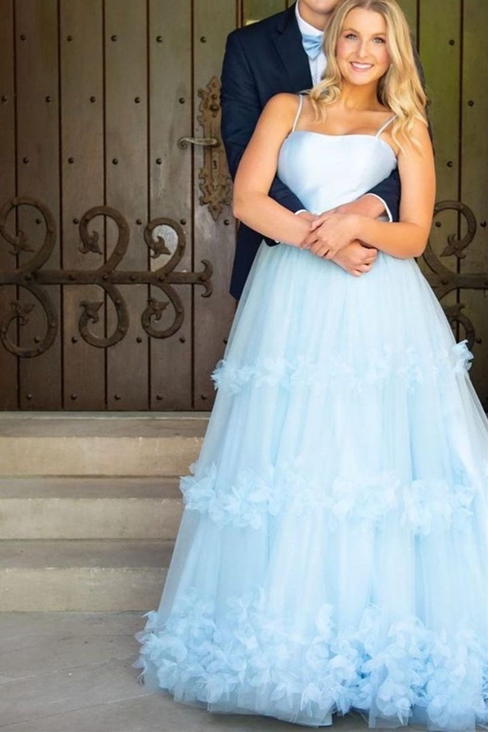 Elegant A-Line Light Blue Long Prom Dresses, Ruffles Tulle Formal Evening Dresses