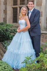 Elegant A-Line Light Blue Long Prom Dresses, Ruffles Tulle Formal Evening Dresses