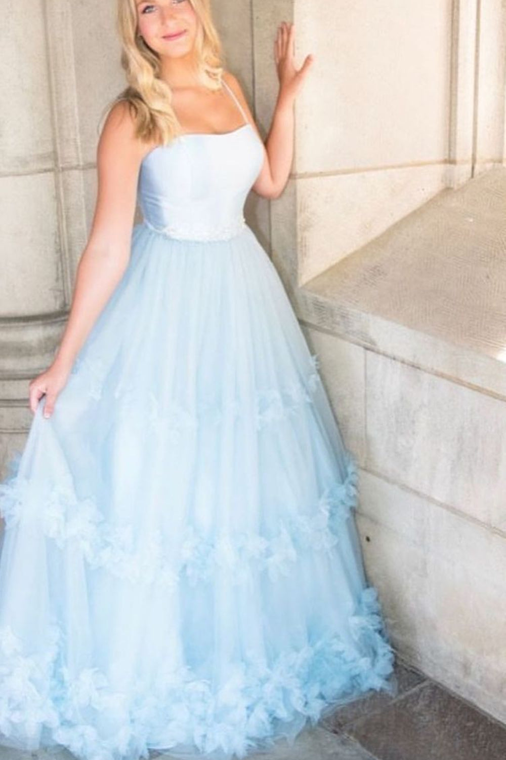 Elegant A-Line Light Blue Long Prom Dresses, Ruffles Tulle Formal Evening Dresses