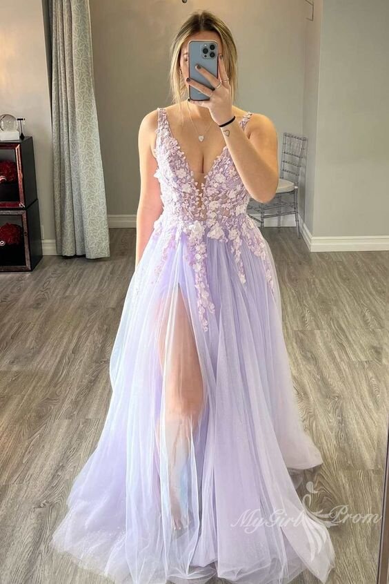 A-Line V-Neck Long Tulle Prom Dress with Slit