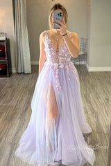 A-Line V-Neck Long Tulle Prom Dress with Slit