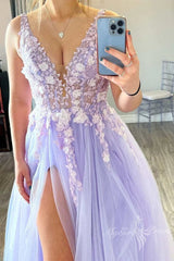 A-Line V-Neck Long Tulle Prom Dress with Slit