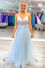 A-Line Sky Blue Spaghetti Strap Prom Dress with Appliques