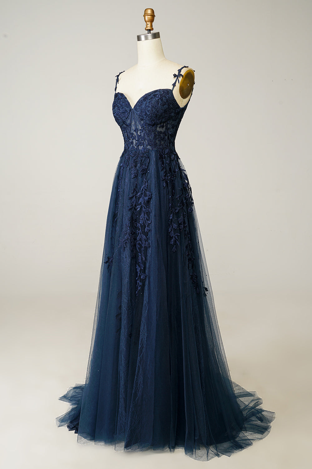 Sky Blue Lace Tulle Long Prom Dresses, Off-the-Shoulder A-Line Formal Gown