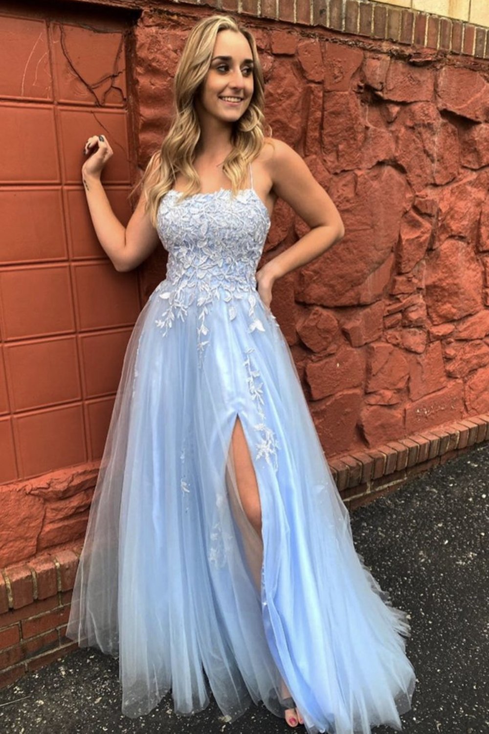 A-Line Spaghetti Strap Light Blue Lace Tulle Long Prom Dress with Slit
