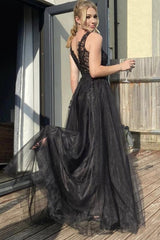 A-Line V-Neck Black Tulle Long Prom Evening Dress