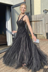 A-Line V-Neck Black Tulle Long Prom Evening Dress