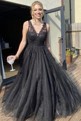 A-Line V-Neck Black Tulle Long Prom Evening Dress