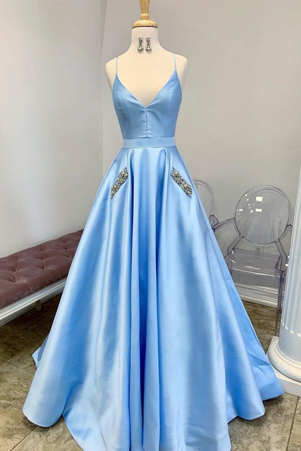 A-Line V-Neck Sky Blue Satin Long Prom Dress with Beaded Pockets