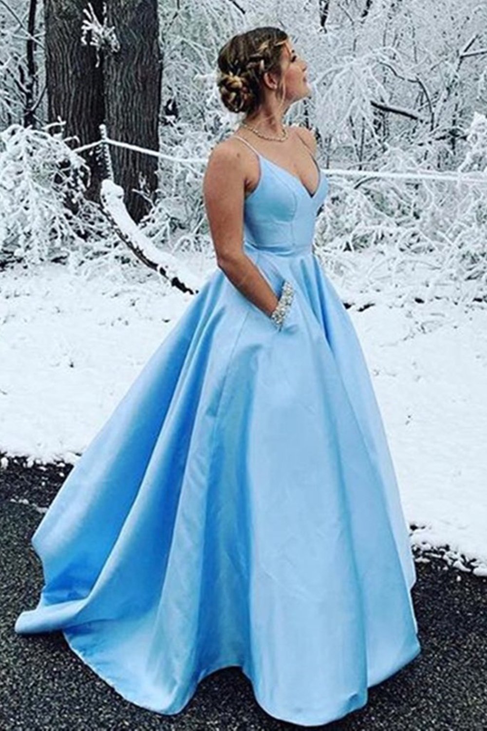 A-Line V-Neck Sky Blue Satin Long Prom Dress with Beaded Pockets