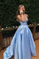 A-Line V-Neck Sky Blue Satin Long Prom Dress with Beaded Pockets