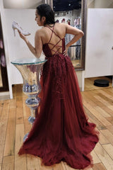 A-Line V-Neck Burgundy Lace Long Prom Dress