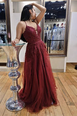 A-Line V-Neck Burgundy Lace Long Prom Dress