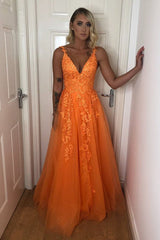 A-Line V-Neck Lace Appliques Formal Dresses Orange Prom Dresses