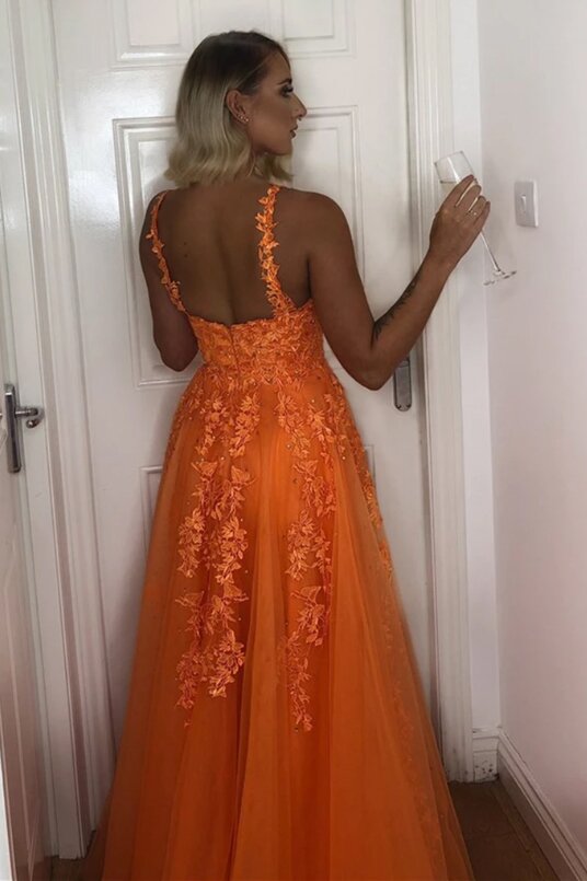 A-Line V-Neck Lace Appliques Formal Dresses Orange Prom Dresses