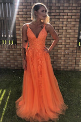 A-Line V-Neck Lace Appliques Formal Dresses Orange Prom Dresses