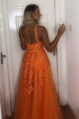 A-Line V-Neck Lace Appliques Formal Dresses Orange Prom Dresses