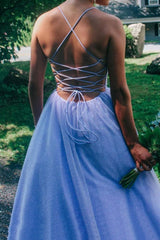 A-Line V-Neck Lavender Backless Glitter Long Prom Dress