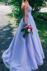 A-Line V-Neck Lavender Backless Glitter Long Prom Dress