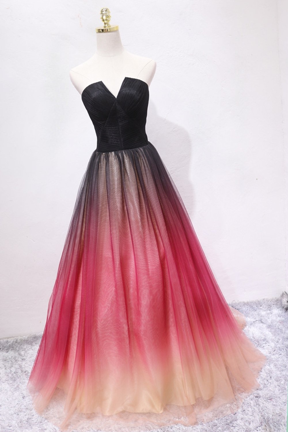 A-Line V-Neck Ombre Strapless Long Prom and Evening Dress
