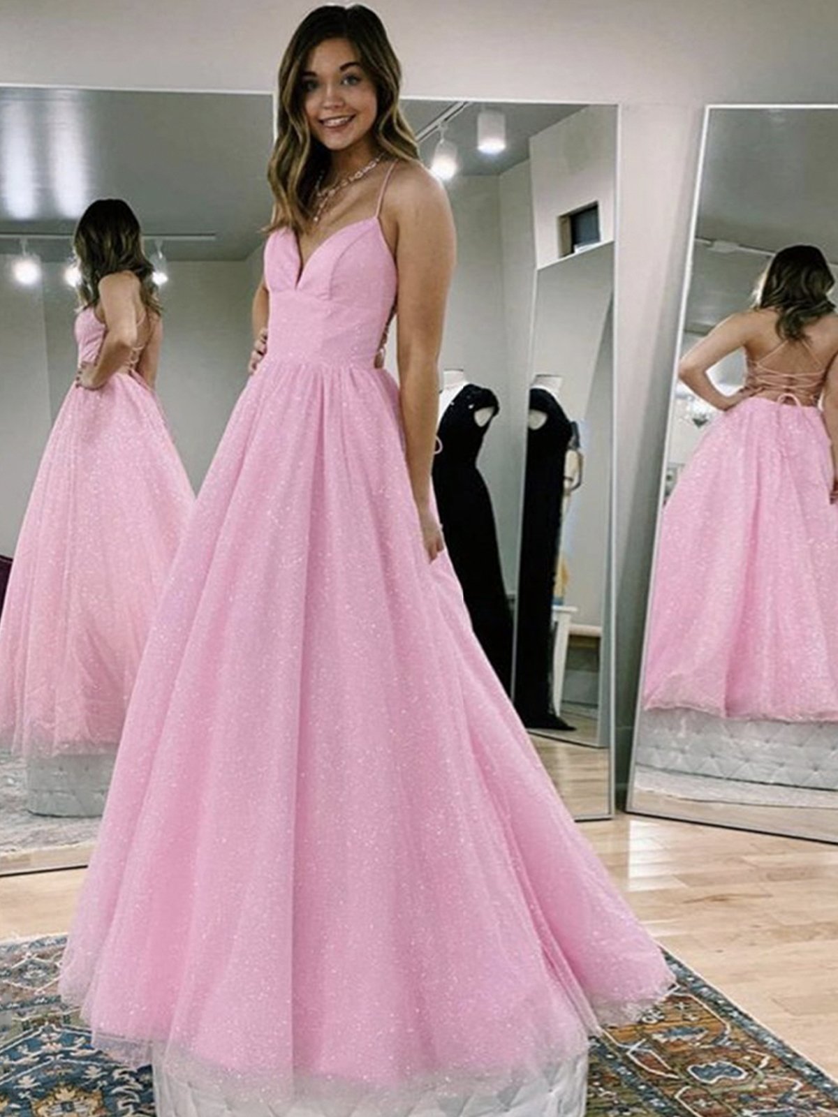A-Line Pink Backless V-Neck Long Prom Dress