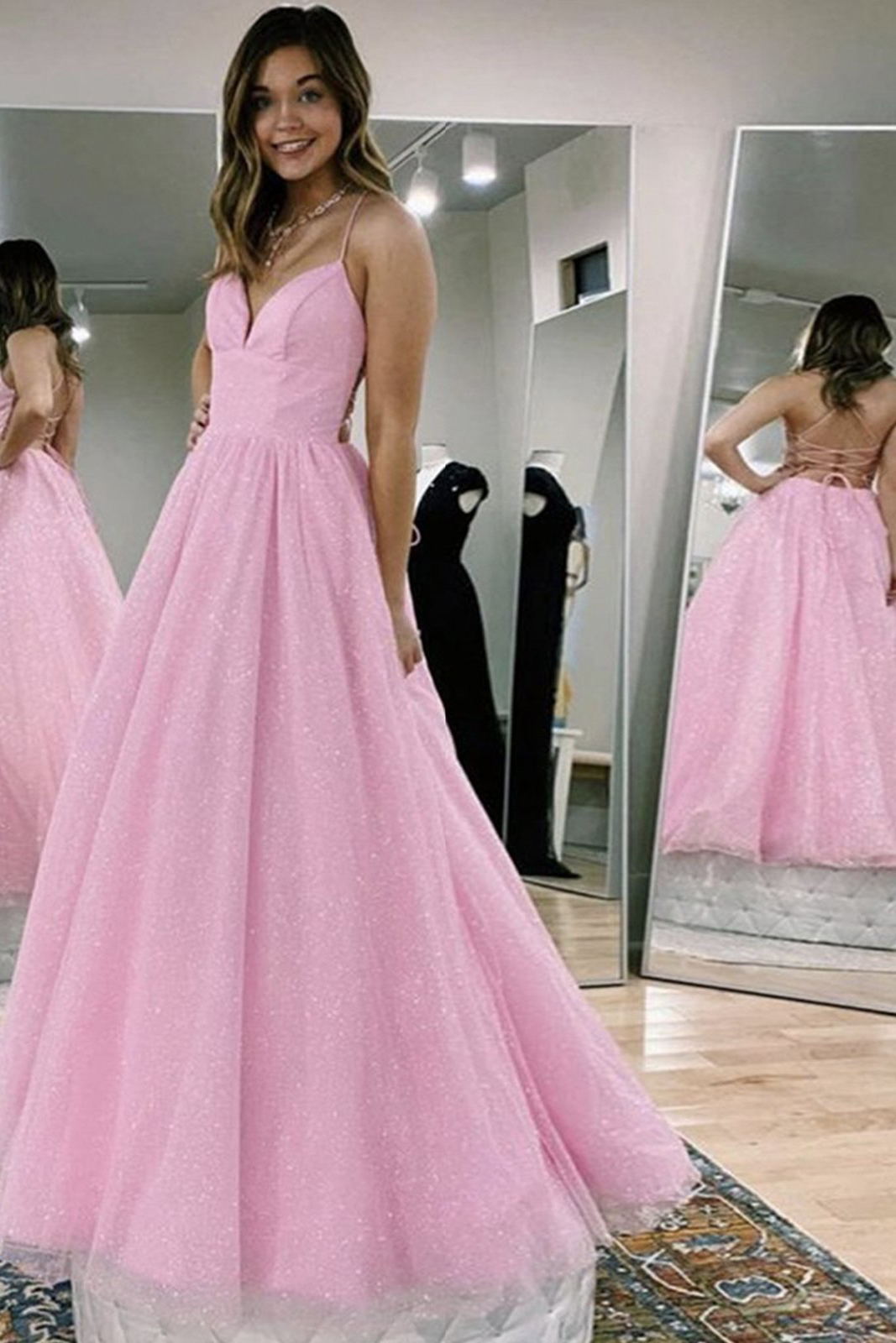 A-Line Pink Backless V-Neck Long Prom Dress