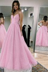 A-Line Pink Backless V-Neck Long Prom Dress