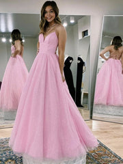 A-Line Pink Backless V-Neck Long Prom Dress