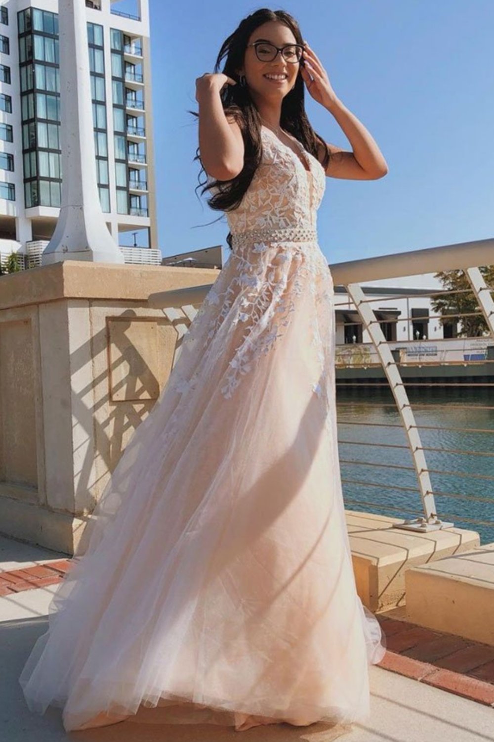 A-Line V-Neck Tulle Long Prom Dress with Floral Appliques