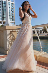 A-Line V-Neck Tulle Long Prom Dress with Floral Appliques