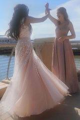 A-Line V-Neck Tulle Long Prom Dress with Floral Appliques