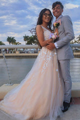 A-Line V-Neck Tulle Long Prom Dress with Floral Appliques