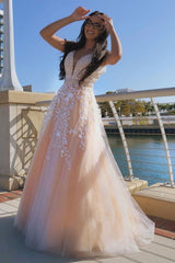 A-Line V-Neck Tulle Long Prom Dress with Floral Appliques
