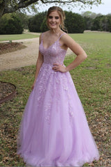 A-Line Lilac Tulle Elegant V-Neck Long Prom Dress