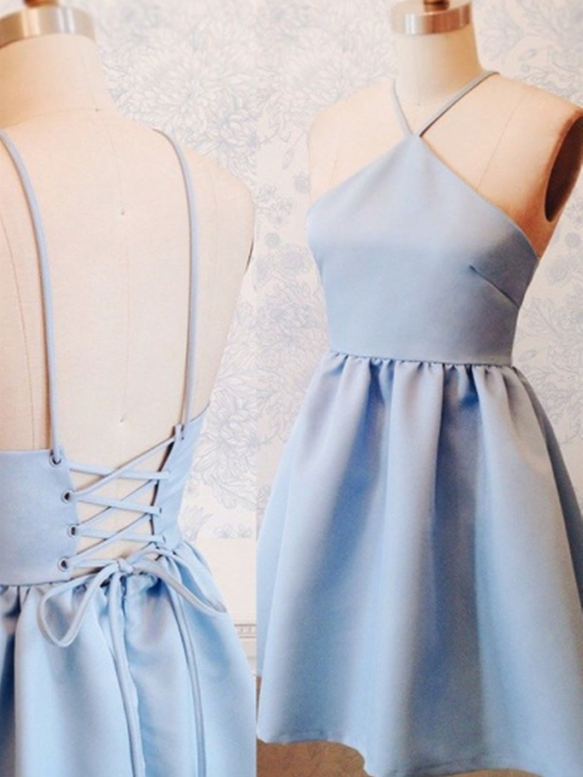 A-Line Short Blue Prom Dress with Lace-Up Back