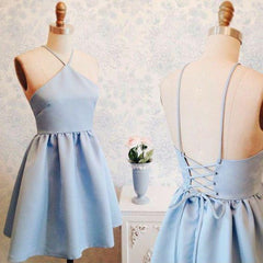 A-Line Short Blue Prom Dress with Lace-Up Back