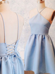 A-Line Short Blue Prom Dress with Lace-Up Back