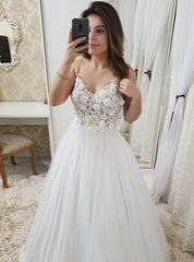 A-Line Appliques Bodice Long Prom Dress, Spaghetti Strap Beach Bridal Gowns