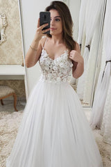 A-Line Appliques Bodice Long Prom Dress, Spaghetti Strap Beach Bridal Gowns