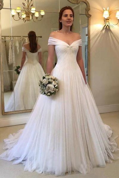 Off the Shoulder A-Line Tulle Princess Wedding Dresses