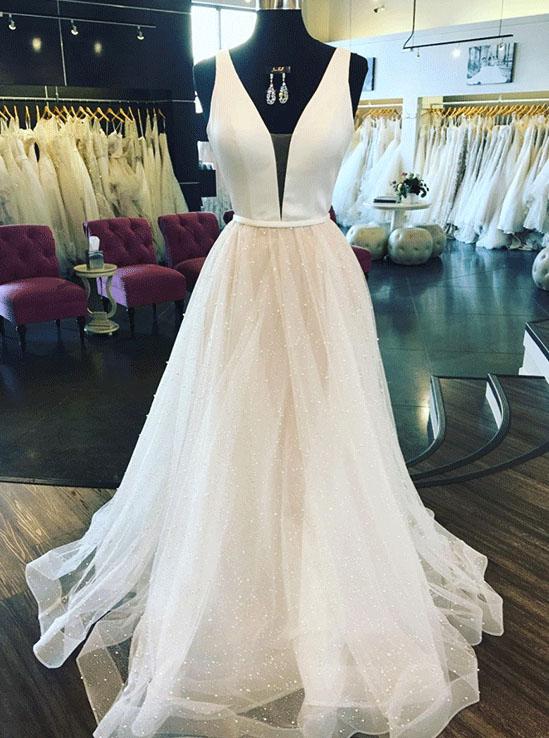 A-Line Plunging Neck Sparkly Glitter Tulle Long Wedding Dress