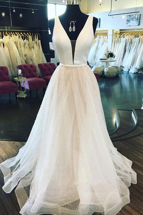 A-Line Plunging Neck Sparkly Glitter Tulle Long Wedding Dress