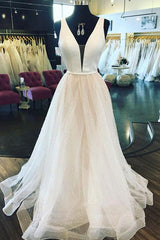 A-Line Plunging Neck Sparkly Glitter Tulle Long Wedding Dress